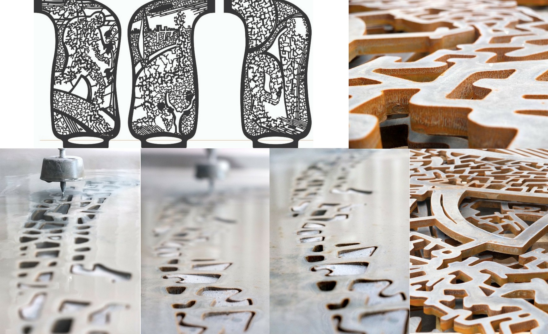 Foto montaje ACTIU escultura metal con corte waterjet chorro de agua presion